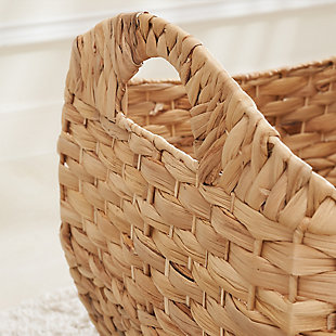 Amelia 3-piece Stackable Rectangular Hand-woven Water Hyacinth Storage Basket Set is your kitchen and bathroom solution. The product can be used for holding fruits, food, kitchen stuff,  bathroom stuff, and more. Hand-woven from 100% natural Water Hyacinth which is soft and supple, with thick braids, flat & fish bone bottom weave, sturdy rustproof iron frame, it's strong and durable. The baskets is featured with hole handles which make it easy to move from room to room. Its natural golden and toffee-colored color also offers a natural feel, minimalist style that can easily coordinate with your rustic or vintage home decor. Using natural Water Hyacinth products is also eco-friendly and helps to save our environment.Can be used for holding fruits, food,  organizing kitchen stuff, bathroom stuff, and more | Hand-woven from 100% natural Water Hyacinth which is soft and supple, with thick braids | Eco-friendly and helps to save our environment | Strong and durable with smooth finish, flat & fish bone bottom weave, strong iron frames, hole handles make it easy to move from room to room | 19" L x 16" W x 11/14" H; 17" L x 13" W x 9/12" H; 15" L x 11" W x 7/10" H;