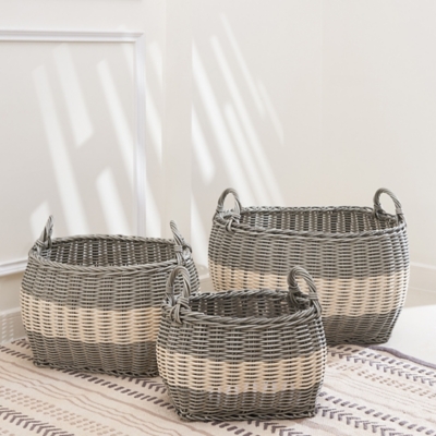 Hannah Assorted Stackable Basket Set with Handles (set of 3), Gray