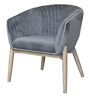 Add style and luxury to your space with this elegant plush velvet chair. Silver nailhead trim and vertical channeling add the perfect finishing details. Constructed with solid wood tapered legs for a modern look and sturdy designVelvet | Wood Legs | Available in 3 colors | Nail head trim