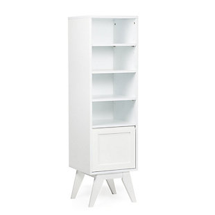 Create functional storage space in your bathroom with the stylish Draper Mid Century Bath Storage Tower. The cabinet's slender design has a small footprint, making it ideal for small bathrooms or bathrooms without linen closets. Keep toiletries neatly tucked away behind the tempered glass door and bottom closed cabinet. The four open shelves are perfect for towels and displayable bathroom essentials.; Efforts are made to reproduce accurate colors, variations in color may occur due to computer monitor and photography; At Simpli Home we believe in creating excellent, high quality products made from the finest materials at an affordable price. Every one of our products come with a 1-year warranty and easy returns if you are not satisfiedDIMENSIONS: 15.75" D x 15.75" w x 55.9" H | Constructed using solid Acacia, Rubber wood and Engineered Wood | Durable white painted finish sealed with a premium NC lacquer coating | Two tempered glass doors with adjustable interior shelf and four spacious open shelves | Mid Century design with recessed door pulls | Anti- tip hardware included | Assembly required | We believe in creating excellent, high quality products made from the finest materials at an affordable price. Every one of our products come with a 1-year warranty and easy returns if you are not satisfied.