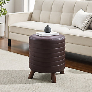 Roone Brown Round Faux Leather Stool, Brown, rollover
