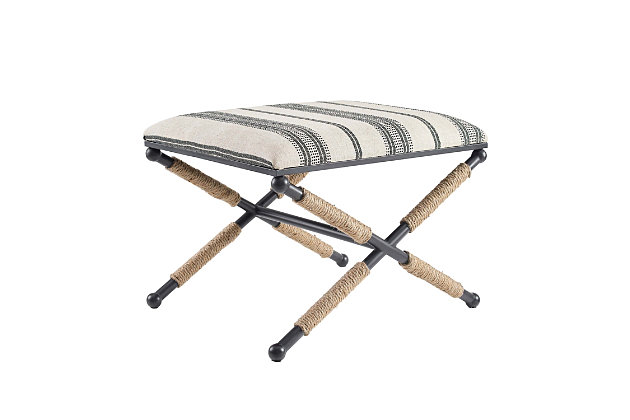 Perfect for a variety of spaces, this accent stool has a versatile, BoHo inspired design that allows it to be used throughout your home. Add to a vanity, hall or end of the bed, the stool provides comfortable seating and transitional style to a space. The black metal legs have rope wrapped details that lend perfectly to the neutral with black strip pattern upholstered and cushioned top.Black finished x-designed legs | Legs feature a unique rope wrap detail | Seat is padded and is upholstered in a neutral linen fabric with a woven black strip pattern | Seat is 24" wide by 18.25" deep and sits 17.25" off the floor | Legs feature levelers | Metal base and legs are powder coated for long lasting finish | Item comes fully assembled out of the box | Use as a vanity stool, at the end of the bed, in an entryway or as an ottoman