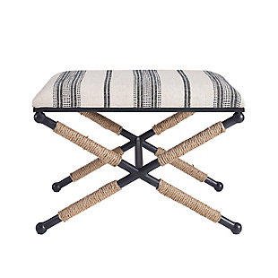Perfect for a variety of spaces, this accent stool has a versatile, BoHo inspired design that allows it to be used throughout your home. Add to a vanity, hall or end of the bed, the stool provides comfortable seating and transitional style to a space. The black metal legs have rope wrapped details that lend perfectly to the neutral with black strip pattern upholstered and cushioned top.Black finished x-designed legs | Legs feature a unique rope wrap detail | Seat is padded and is upholstered in a neutral linen fabric with a woven black strip pattern | Seat is 24" wide by 18.25" deep and sits 17.25" off the floor | Legs feature levelers | Metal base and legs are powder coated for long lasting finish | Item comes fully assembled out of the box | Use as a vanity stool, at the end of the bed, in an entryway or as an ottoman