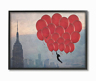 Cityscape Girl Balloons 24x30 Black Frame Wall Art, Beige, large