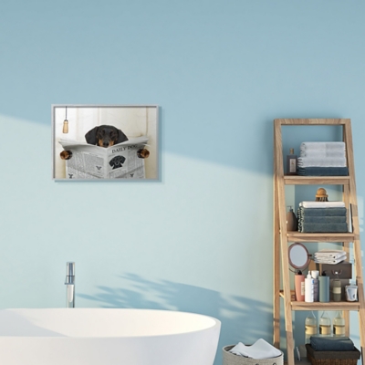 Dog On Toilet Newspaper 16x20 Gray Frame Wall Art, Beige, large