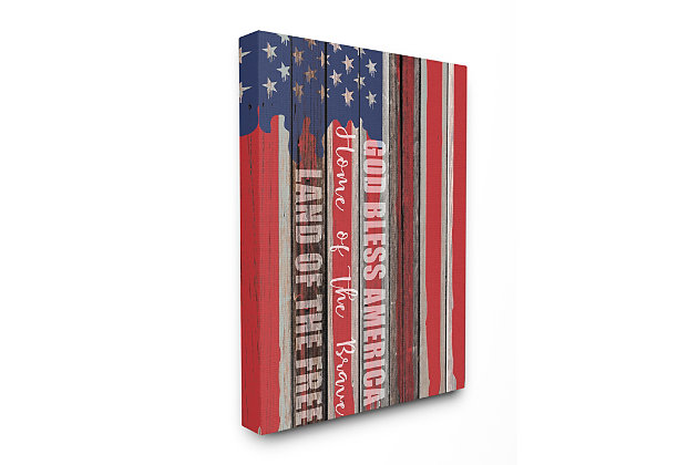 The power of the red, white and blue are evident here in the American flag painted on shiplap. Proudly made in the USA, our stretched canvas is created with only the highest standards. We print with high quality inks and canvas, and then hand cut and stretch it over a 1.5 inch thick wooden frame. The art comes ready to hang with no installation required. Not to mention, at this size, it is sure to be the focal point of any room!Ready to hang | Proudly made in usa | Design by kim allen