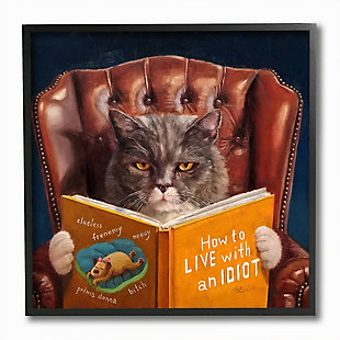Angry Cat Reading Dog Book 12x12 Black Frame Wall Art, , large