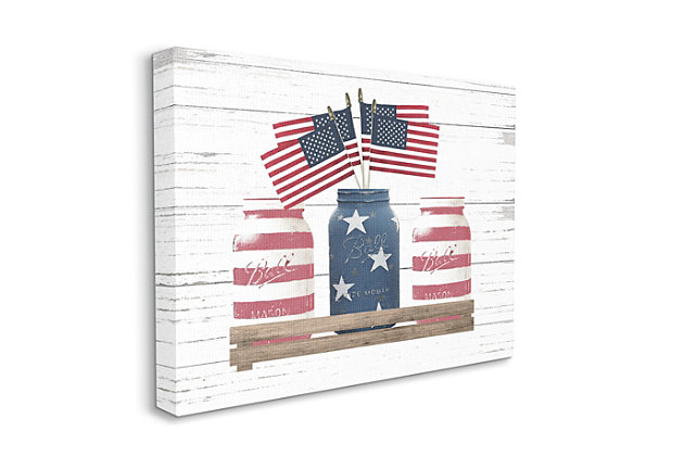 Mason jars, American flags, red and white stripes and stars on a blue field will add a touch of farmhouse Americana to your home. Proudly made in the USA, our stretched canvas is created with only the highest standards. We print with high quality inks and canvas, and then hand cut and stretch it over a 1.5 inch thick wooden frame. The art comes ready to hang with no installation required. Not to mention, at this size, it is sure to be the focal point of any room!Ready to hang | Proudly made in usa | Design by lettered and lined