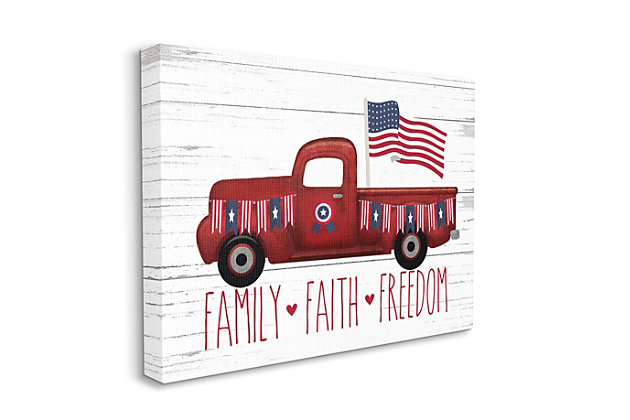Pick-up trucks and American flags go together like family, faith, and freedom. Proudly made in the USA, our stretched canvas is created with only the highest standards. We print with high quality inks and canvas, and then hand cut and stretch it over a 1.5 inch thick wooden frame. The art comes ready to hang with no installation required. Not to mention, at this size, it is sure to be the focal point of any room!Ready to hang | Proudly made in usa | Design by lettered and lined