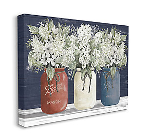 Red, white and blue mason jars filled with summerly florals will add country charm to your home. Proudly made in the USA, our stretched canvas is created with only the highest standards. We print with high quality inks and canvas, and then hand cut and stretch it over a 1.5 inch thick wooden frame. The art comes ready to hang with no installation required. Not to mention, at this size, it is sure to be the focal point of any room!Ready to hang | Proudly made in usa | Design by cindy jacobs