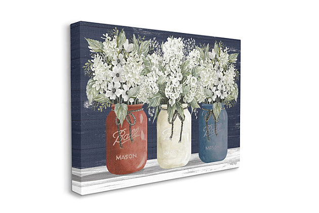 Red, white and blue mason jars filled with summerly florals will add country charm to your home. Proudly made in the USA, our stretched canvas is created with only the highest standards. We print with high quality inks and canvas, and then hand cut and stretch it over a 1.5 inch thick wooden frame. The art comes ready to hang with no installation required. Not to mention, at this size, it is sure to be the focal point of any room!Ready to hang | Proudly made in usa | Design by cindy jacobs