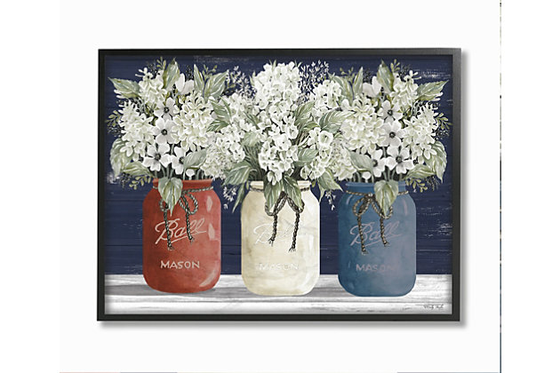Red, white and blue mason jars filled with summerly florals will add country charm to your home. First came wood, then came canvas, and now we introduce our 'Framed Giclee Textured Wall Art.' 100% Made in USA as always, we start with a giclee lithograph mounted on wood, and finish it with a texturized brush stroke finish. We didn't stop there though as we fit it within a 1.5 inch thick ebony wood grain frame to add depth and dimension. Ready to hang.Ready to hang | Proudly made in usa | Design by cindy jacobs