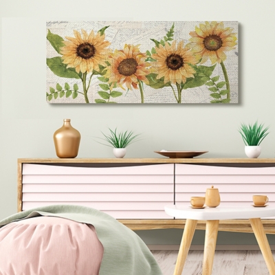 Sunflower And Vintage European Postcard Collage 20x48 Canvas Wall Art, Beige, large