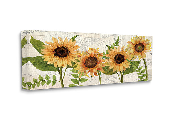 Four sunflowers seem lined up arm in arm against a backdrop of vintage papers. Proudly made in the USA, our stretched canvas is created with only the highest standards. We print with high quality inks and canvas, and then hand cut and stretch it over a 1.5 inch thick wooden frame. The art comes ready to hang with no installation required.Ready to hang | Proudly made in usa | Design by kim allen