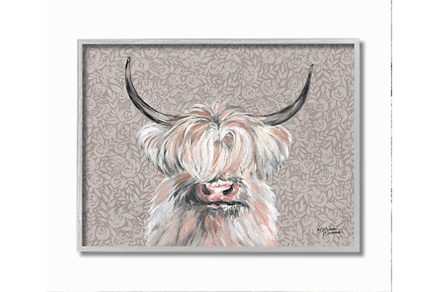 Scottish Highland cow pictured in front of floral wallpaper brings the great outdoors inside. First came wood, then came canvas, and now we introduce our 'Framed Giclee Textured Wall Art.' 100% Made in USA as always, we start with a giclee lithograph mounted on wood, and finish it with a texturized brush stroke finish. We didn't stop there though as we fit it within a 1.5 inch thick ebony wood grain frame to add depth and dimension. Ready to hang.Ready to hang | Proudly made in usa | Design by michele norman