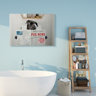 Bathroom Pug Daily Toilet Briefing 36x48 Canvas Wall Art, Gray, large