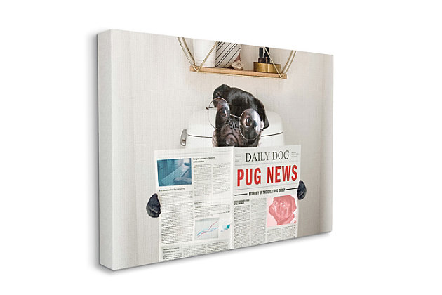 Spectacled pug reading Pug News on the toilet will bring some whimsy to your bathroom. Proudly made in the USA, our stretched canvas is created with only the highest standards. We print with high quality inks and canvas, and then hand cut and stretch it over a 1.5 inch thick wooden frame. The art comes ready to hang with no installation required. Not to mention, at this size, it is sure to be the focal point of any room!Ready to hang | Proudly made in usa | Design by ziwei li