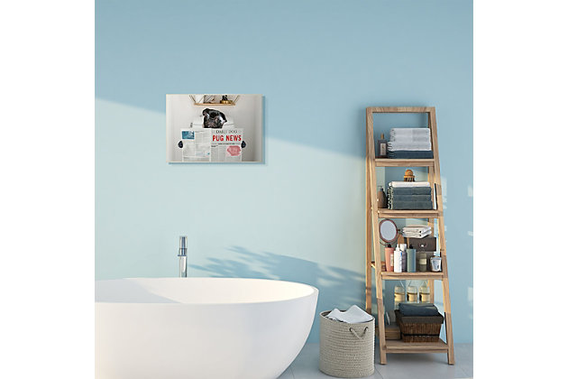 Spectacled pug reading Pug News on the toilet will bring some whimsy to your bathroom. Proudly made in the USA, all of our wall plaques start off as high quality lithograph prints that are then mounted on durable MDF wood. Each piece is hand finished and comes with a fresh layer of foil on the sides to give it a crisp clean look. It arrives ready to hang with no installation required, and comes with sturdy clear corners to keep it from damaging in transit.Ready to hang | Proudly made in usa | Design by ziwei li