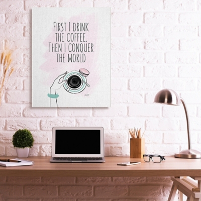 Coffee First Then Conquer Inspirational 36x48 Canvas Wall Art, White, large