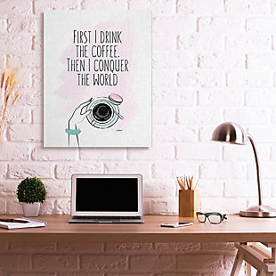 Glam art plan for the day: First I drink the coffee. Then I conquer the world. Words to live by. Proudly made in the USA, our stretched canvas is created with only the highest standards. We print with high quality inks and canvas, and then hand cut and stretch it over a 1.5 inch thick wooden frame. The art comes ready to hang with no installation required. Not to mention, at this size, it is sure to be the focal point of any room!Ready to hang | Proudly made in usa | Design by martina pavlova