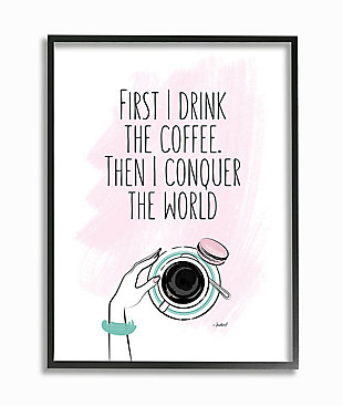 Coffee First Then Conquer Inspirational 24x30 Black Frame Wall Art, White, large