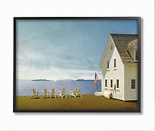 Americana Cape House Coastal Landscape 24x30 Black Frame Wall Art, Blue, large