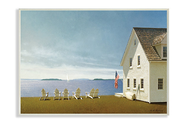 Somewhere on the coast of Maine is a beautiful old house overlooking sailboats, islands, and the sea. Chairs await your company. Proudly made in the USA, all of our wall plaques start off as high quality lithograph prints that are then mounted on durable MDF wood. Each piece is hand finished and comes with a fresh layer of foil on the sides to give it a crisp clean look. It arrives ready to hang with no installation required, and comes with sturdy clear corners to keep it from damaging in transit.Ready to hang | Proudly made in usa | Design by zhen-huan lu