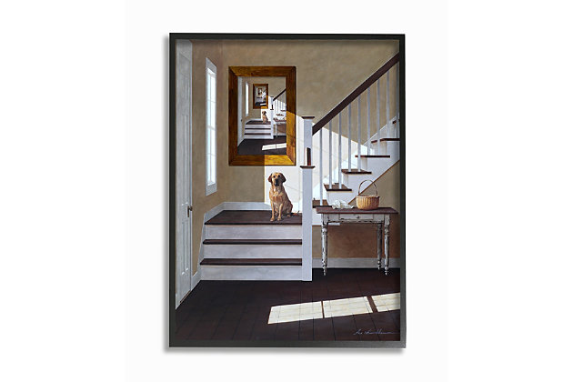 Portrait of a dog at home in a traditional colonial home. Perfect for an entryway. First came wood, then came canvas, and now we introduce our 'Framed Giclee Textured Wall Art.' 100% Made in USA as always, we start with a giclee lithograph mounted on wood, and finish it with a texturized brush stroke finish. We didn't stop there though as we fit it within a 1.5 inch thick ebony wood grain frame to add depth and dimension. Ready to hang.Ready to hang | Proudly made in usa | Design by zhen-huan lu