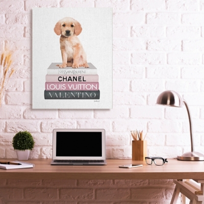 Adorable Puppy Sitting On Glam Fashion Books 36x48 Canvas Wall Art, White, large