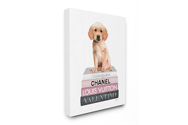 This oh-so-cute golden retriever pup is happily perched on a stack of fashion books. A perfect glam mascot. Proudly made in the USA, our stretched canvas is created with only the highest standards. We print with high quality inks and canvas, and then hand cut and stretch it over a 1.5 inch thick wooden frame. The art comes ready to hang with no installation required. Not to mention, at this size, it is sure to be the focal point of any room!Ready to hang | Proudly made in usa | Design by amanda greenwood