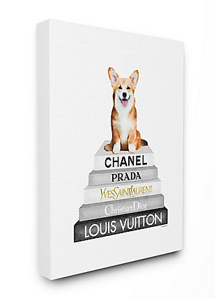 Smiling Corgi Puppy On Glam Fashion Icon Bookstack 24x30 Canvas Wall Art, White, large