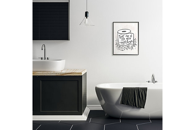 Nice whimsical message for the bathroom. A simple line drawing with a watercolor background will fit with any décor. First came wood, then came canvas, and now we introduce our 'Framed Giclee Textured Wall Art.' 100% Made in USA as always, we start with a giclee lithograph mounted on wood, and finish it with a texturized brush stroke finish. We didn't stop there though as we fit it within a 1.5 inch thick ebony wood grain frame to add depth and dimension. Ready to hang.Ready to hang | Proudly made in usa | Design by loni harris