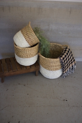Set of Three White Dipped Seagrass Hampers with Handles, , rollover