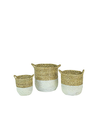 Set of Three White Dipped Seagrass Hampers with Handles, , large