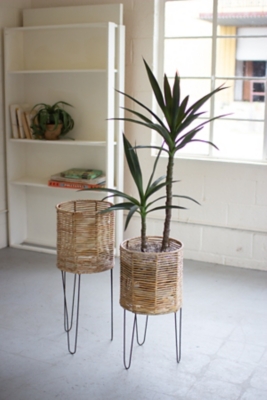 Set of Two Round Seagrass Planters with Iron Bases, , rollover