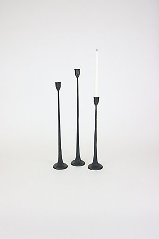 Tall Cast Iron Set Three Black Candlesticks Taper Candle Holder Elegant Slim 