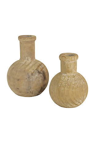 Set of Two Carved Round Wooden Bottles, , large