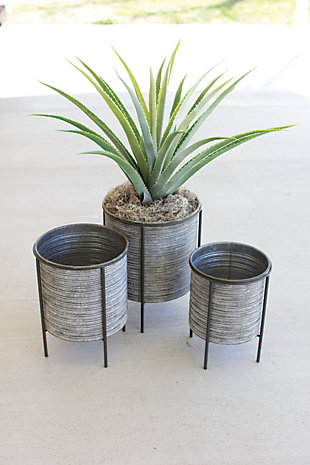 Set of Three Galvanized Metal Planters with Iron Bases, , rollover