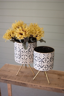 Set of Two Round Pressed Metal Planters on Stands, , rollover