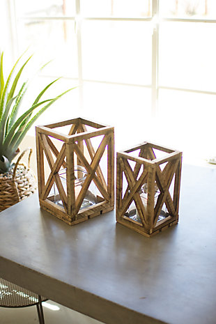 Set of Two Recycled Wooden Lanterns with Glass Insert, , rollover