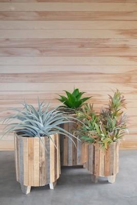 Set of Three Natural Recycled Wood Round Planters, , rollover