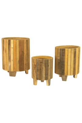 Set of Three Natural Recycled Wood Round Planters, , large