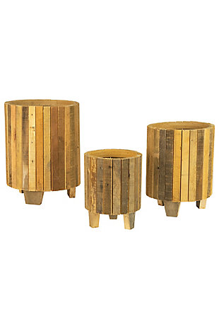 Set of Three Natural Recycled Wood Round Planters, , large