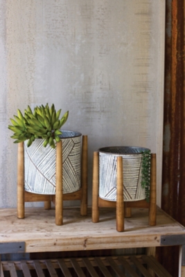 Set of Two Pressed Tin Planters with Wooden Bases, , rollover