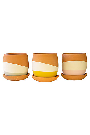 Set of Three Color Dipped Clay Pots with Clay Saucers, , large