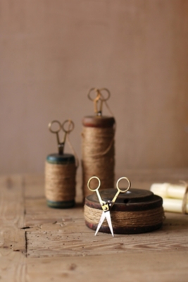 Set of Three Wooden Spools with Jute Twine and Scissors, , large