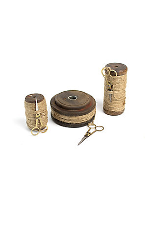 Set of Three Wooden Spools with Jute Twine and Scissors, , large