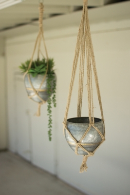 Set of Two Hanging Galvanized Planters with Woven Jute Rope, , rollover