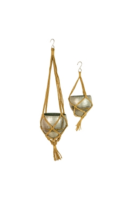 Set of Two Hanging Galvanized Planters with Woven Jute Rope, , large