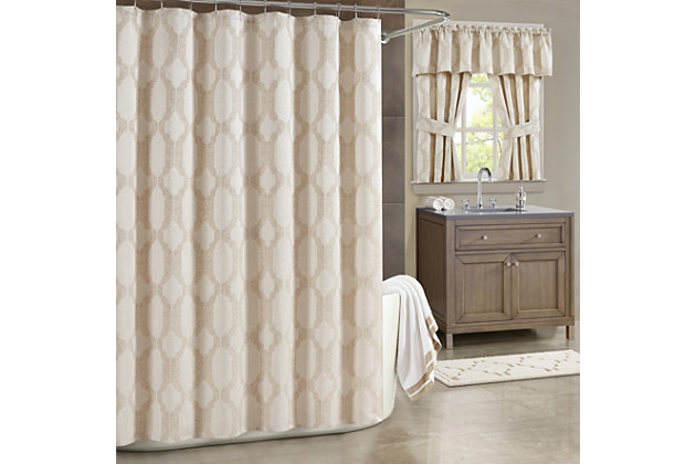 Soho is a beautifully woven jacquard in a natural palette of beige, crème, and ivory. This highly constructed shower curtain has a modern geometric design bringing a sleek look to your bathroom décor.Made with design house quality fabric and craftsmanship. | Shower liner recommended. | Timeless patterns and tasteful colors are easy to coordinate with any décor. | Easy to hang construction. Shower hooks sold separately.